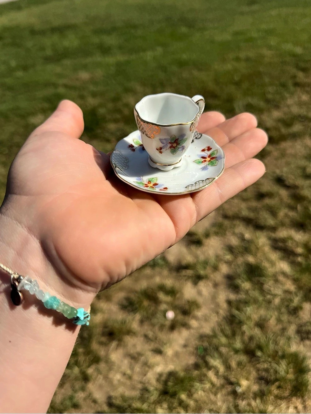 Occupied Japan Floral Demitasse Mini Cup & Saucer in White & Red